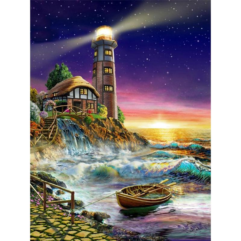 5D Diamond Painting Lighthouse Cross Stitch Kit Full Drill Round Embroidery Landscape Mosaic Picture of Rhinestones Home Decor