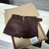 Maillard Style Women's High Waist Suede Plush Shorts with Belt - Coffee Color, Autumn/Winter Slimming Casual Pants