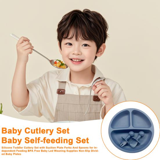 Silicone Toddler Cutlery Set with Suction Plate Forks And Spoons for Independent Feeding BPA Free Baby Led Weaning Supplies