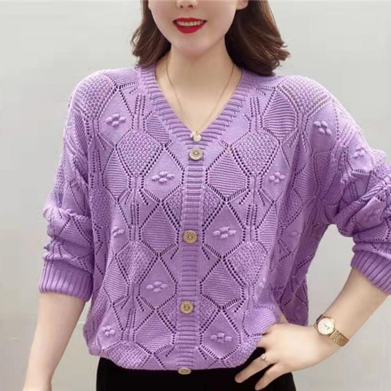 Suéter de punto de color sólido fino con cuello en V y manga larga para mujer, suéter holgado y adelgazante para primavera y verano