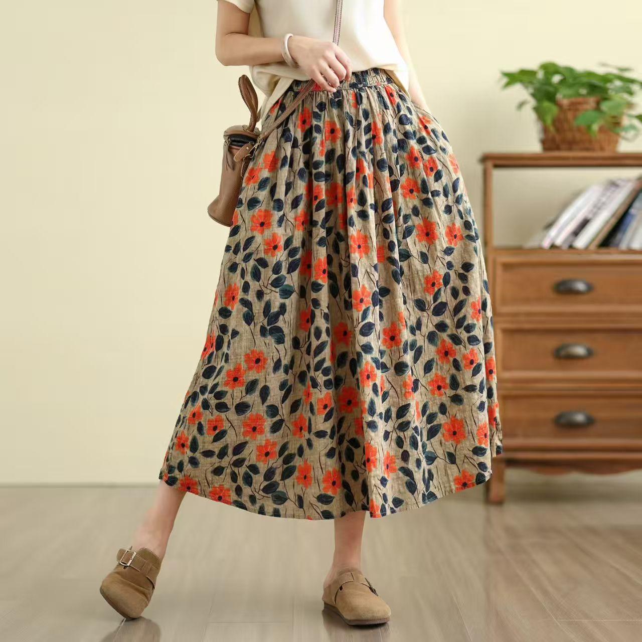 Johnature Women Vintage Skirts Spring Chinese Style Elastic Waist Print Floral Female A-Line Skirts One Size