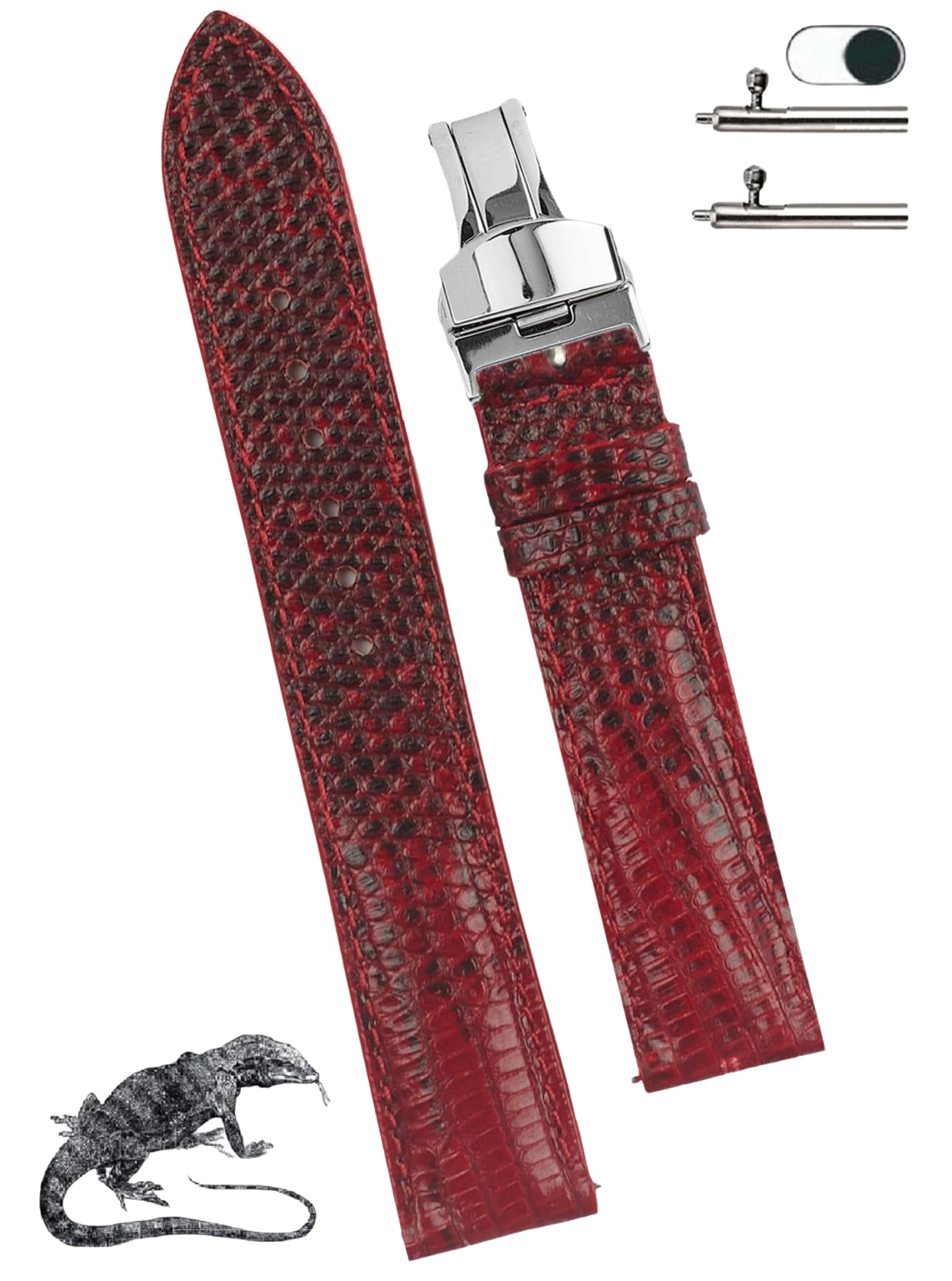 

[vinacreations] 20mm Red Lizard Leather Watch Strap with D-Buckle, Men s Lizard Leather Replacement Watch Band with Quick Release Spring Bars, Silver