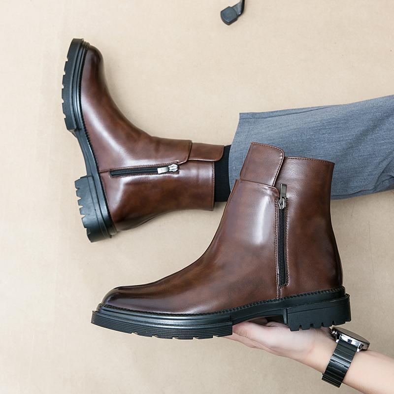 Fashion Men's Casual Shoes Fashion Match Autumn Winter High Top Leather Shoes Men's Business Chelsea Short Boots Zippered Leather Boots