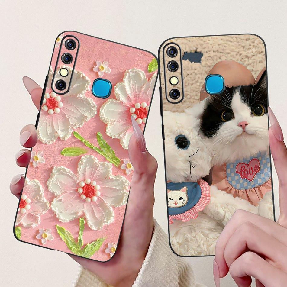 For Infinix Hot 8 Phone Case Hot 8 Lite Hot8 X650 X650C X650B X650D Elegant Floral Cat Pattern Black Silicone Soft TPU Cases