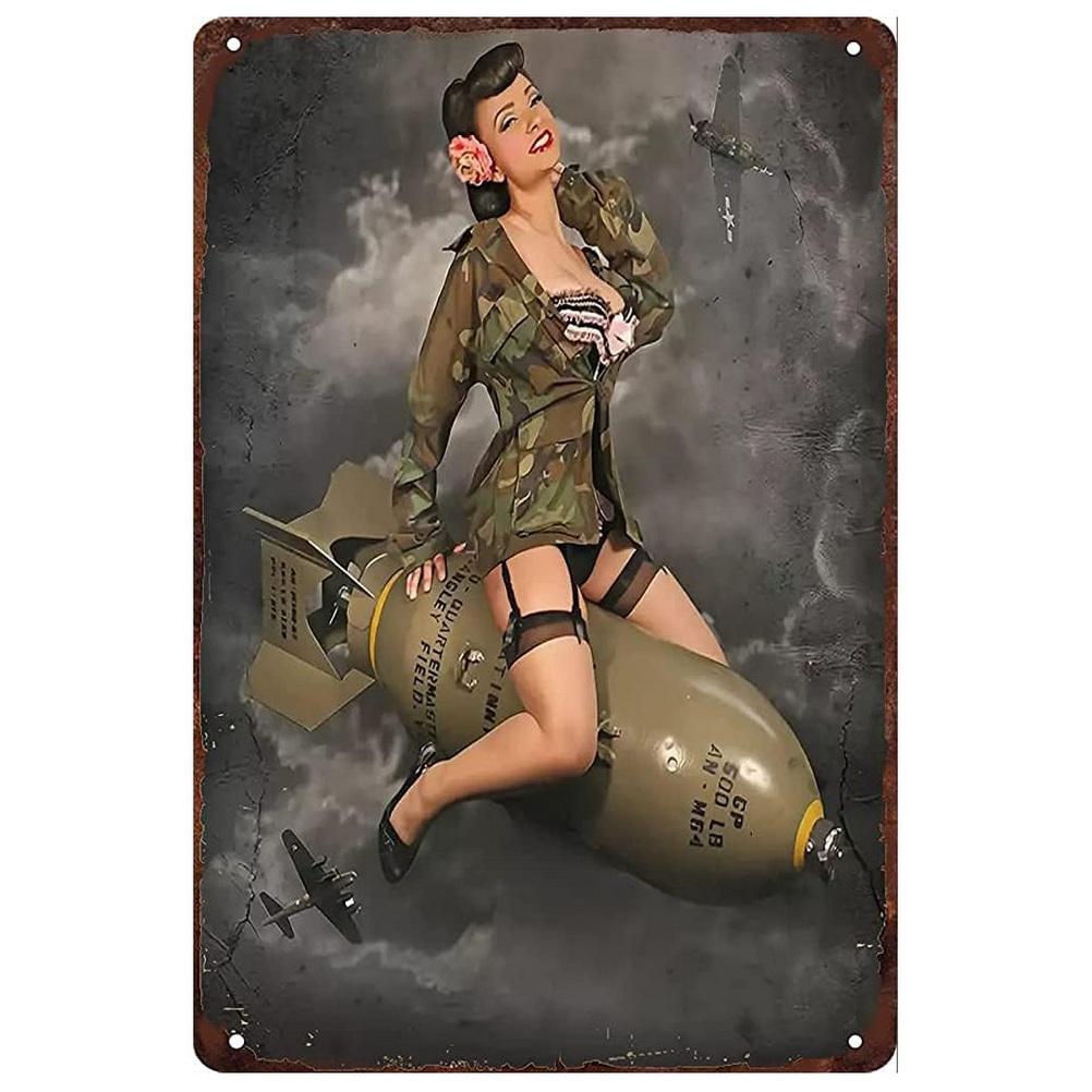 Military Pinup Girls Metal Tin Signs Vintage Plaque Plate Retro Wall Art Poster for Home Cafe Bars Pubs Iron Painting Decoration