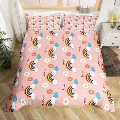 Kinder Regenbogen Volle Königin Bettbezug Rosa Regenbogen Floral Bettwäsche Set Mädchenhaft Kawaii Liebe Thema Bettdeckenbezug mit 2 Kissenbezügen
