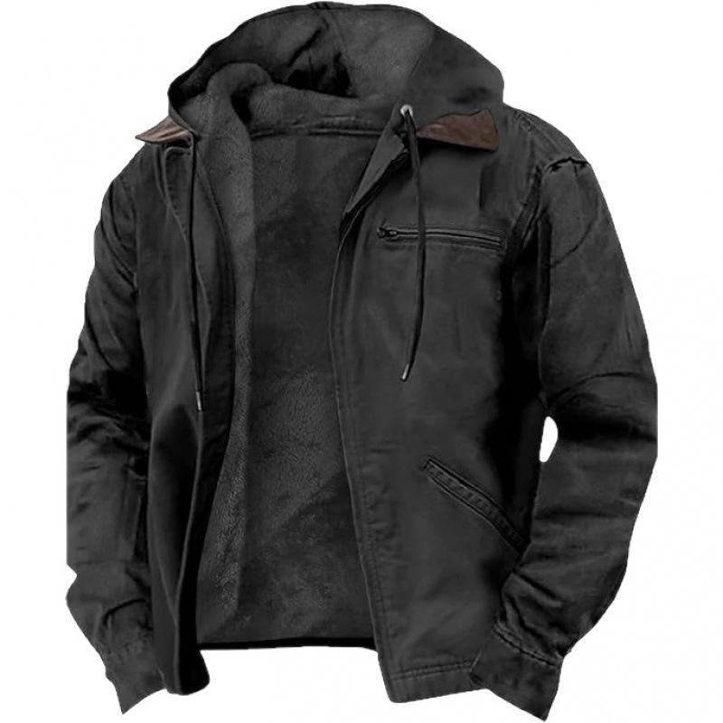 European And American Cross-Border E-Commerce Exclusive Solid Color Hooded Cotton Jacket Casual Men'S Fleece-Lined Zipper Pocket Jacket Coat