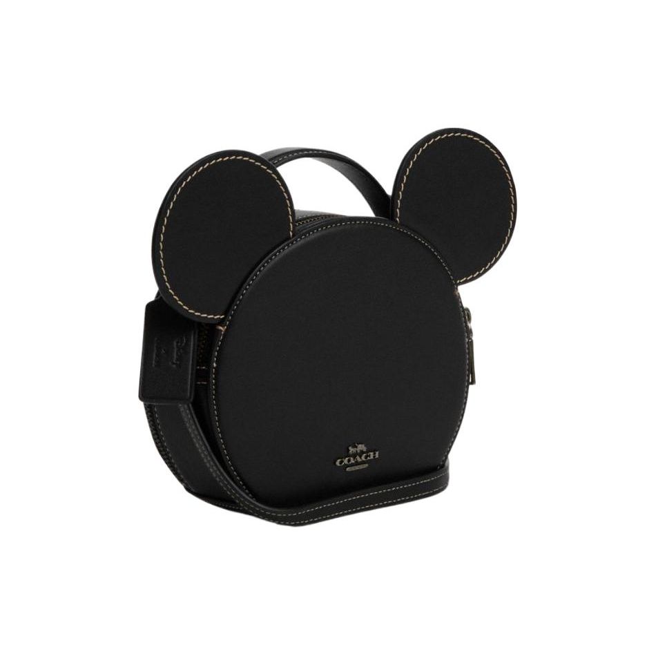 Coach X Disney 17 Collaboration Mickey Mouse Ear Zipper Leather Small Round Crossbody Bag Women Crossbody Bag Black White CM840-QBM2