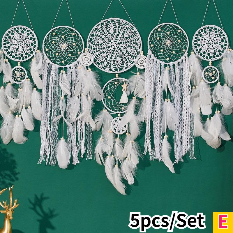 5pcs Boho Handmade Dreamcatcher Set Vintage Home Wall Artificial Imitation Feather Decorative Wall Hanging Bedroom Decorations