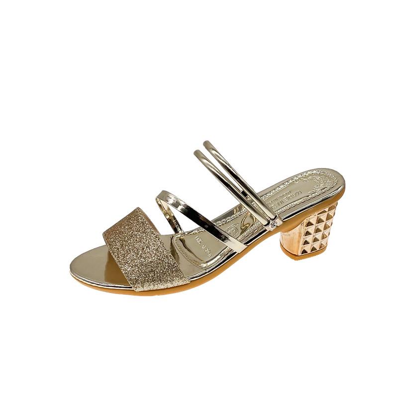 Bestselgende sommer Høykvalitets damesko Mote Fargeblokk Fritid Høy hæl Åpen tå Tykk hæl Dameslippers