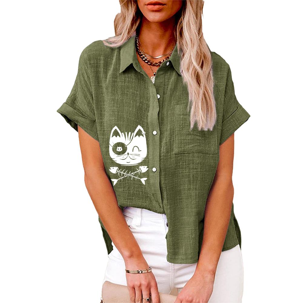 Plus Size Damenmode Bluse mit Katzendruck Sommer & Herbst Lockeres Kurzarmhemd mit Knöpfen Damen Casual Leinen T-Shirt