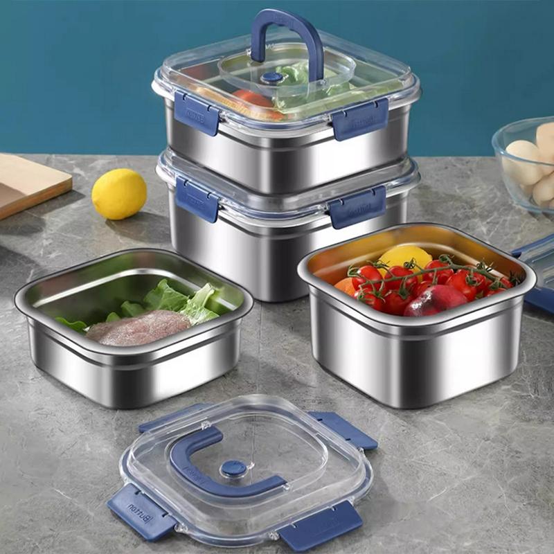 Large Capacity Stainless Steel Crisper With Handle Airtight Lid Leak-Proof Lunch Box Rectangular Fresh-Keeping Box Refrigerator