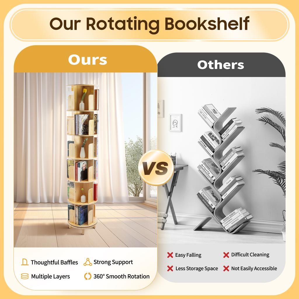 6 Tier Bookshelf Wooden Bookcase 360° Rotating Book Storage Racks Living Room Book Organizer Floor Stand Bedroom Book Holder