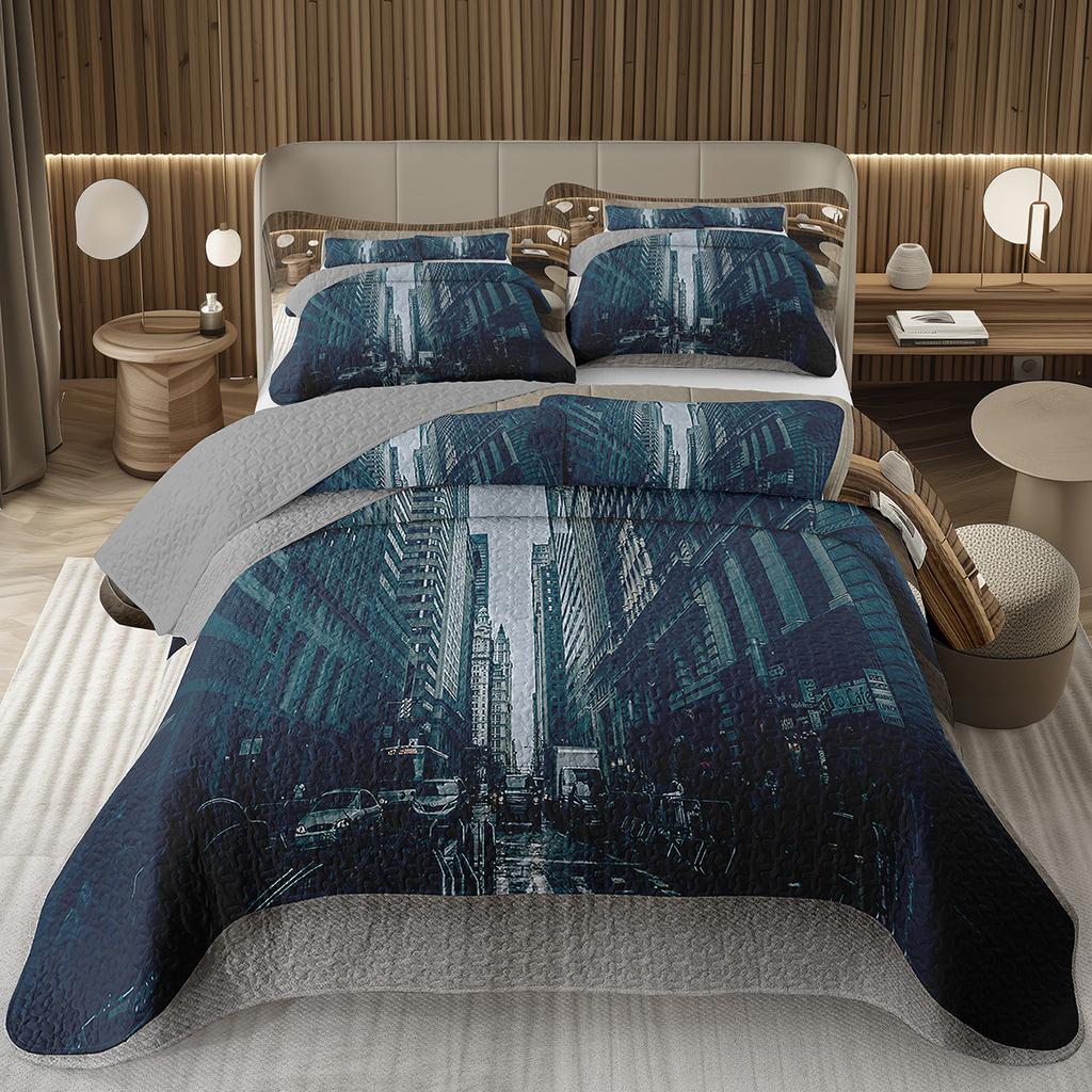 City Landscape Quilted Bedspread Set Cityscape Artwork Queen Bedding Set Colorful River Business District Coverlet For Girls Man