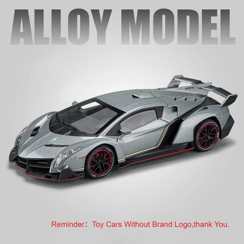 

1:24 Scale Veneno Sports Car Model Toy Metal Diecast Doors Opened Shock Absorption Light Sound Vehicle Models Collection Gifts серый