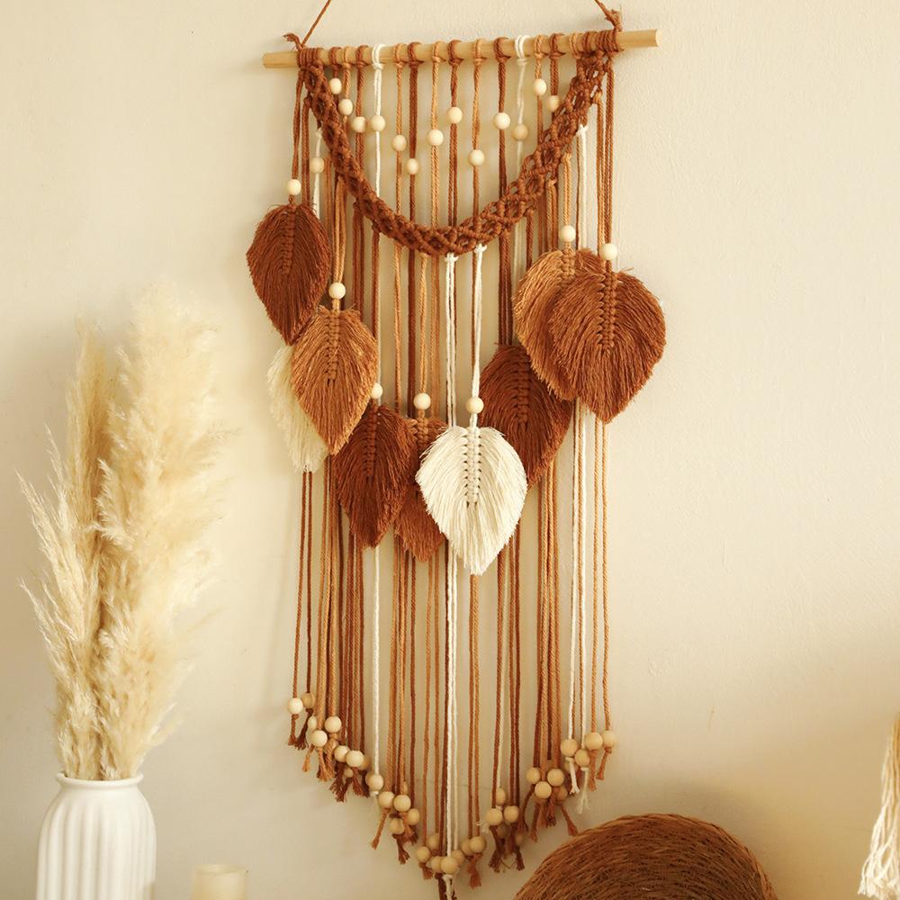 Handmade cotton thread weaving wooden bead leaf tapestry minimalist home decor bedroom homestay wall decoration