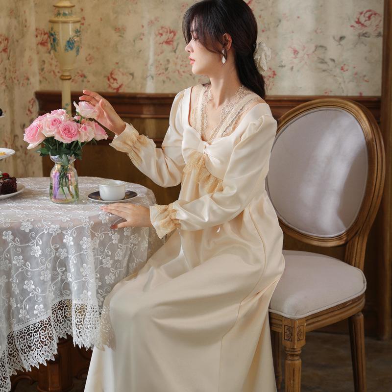 Long-sleeved nightgown women's spring simulation silk court retro style lace ice silk pajamas chest pad can be worn outside loungewear autumn and wint