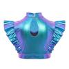 Kids Dance Shirt Metallic Mock Neck Mesh Patchwork Rhinestone Ruffle Crop Top with Press Buttons