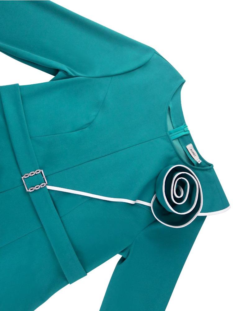 Women Elegant Bodycon Dress with O Neck 3D Flower Belt Patchwork High Waist  Asymmetrical Package Hip Split  Party Outfit