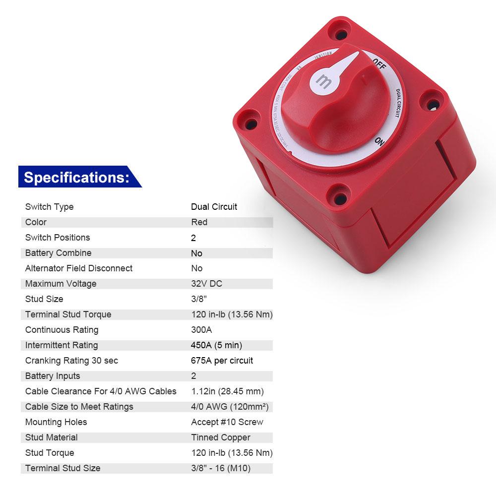 Battery Circuit Cutter 2 Position Dual 32V DC 300A Marine Isolator Disconnect Rotary Switch for Camper RV TrucK Boat
