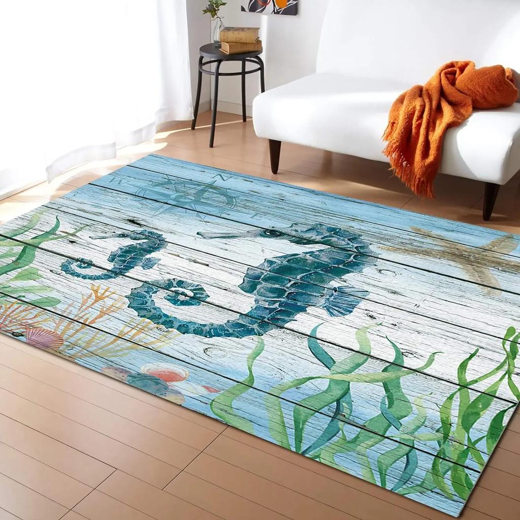 Seahorse Area Rug Coastal Seaside Seahorse Starfish Coral Shell Pattern Nautical Beach Themed Map Carpet for Living Room Kitchen