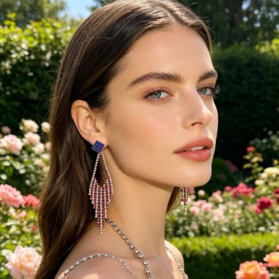 1 Pair Independence Day Tassel Drop Earrings Red Blue Rhinestone Sparkling Stud Earrings USA