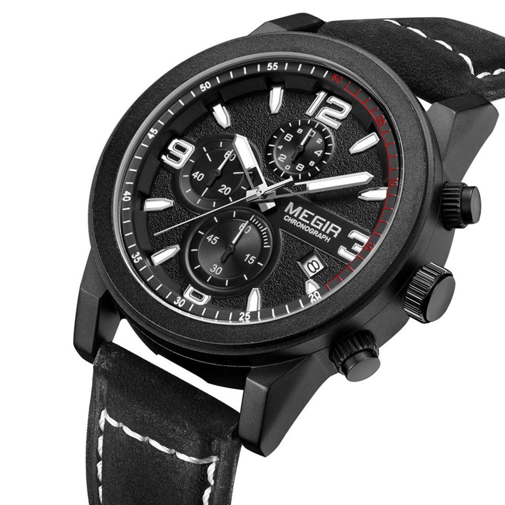 Megir Chronogragph Luksusmerke Kvarts Herreklokker Mote Skinn Sportsklokke Herre Luminous Army Militære armbåndsur