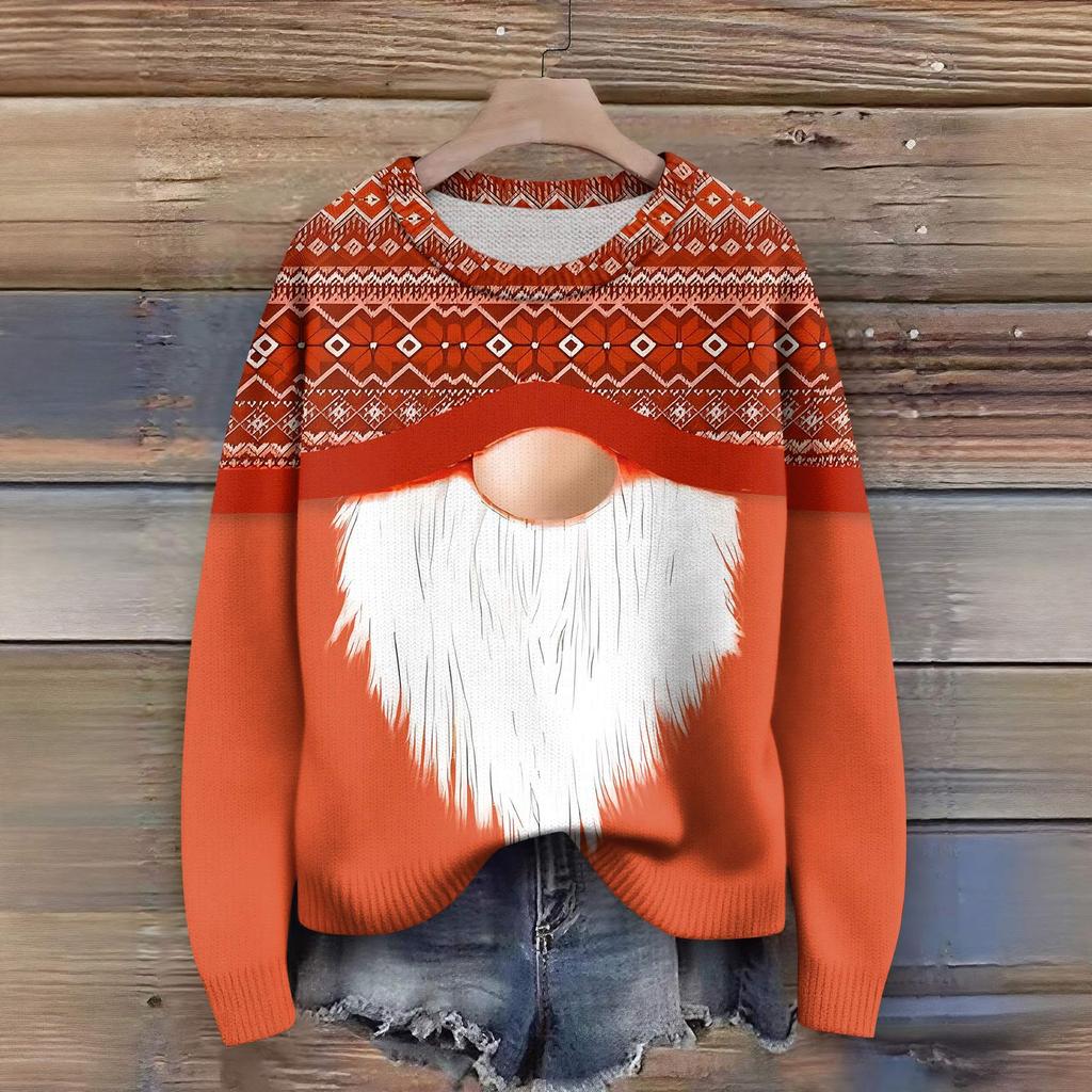 Long Sleeve Pullover Sweaters For Women O Neck Casual Cute Printing Knit Oversized Sweater