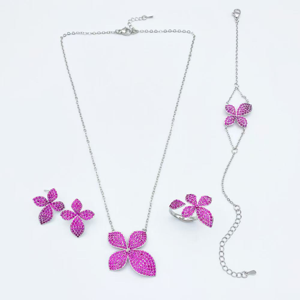 Flora Four Leaf Clover Cubic Zirconia Jewelry Set Plated Copper Bracelet Ring Necklace Earrings Valentine's Day Gift for Her