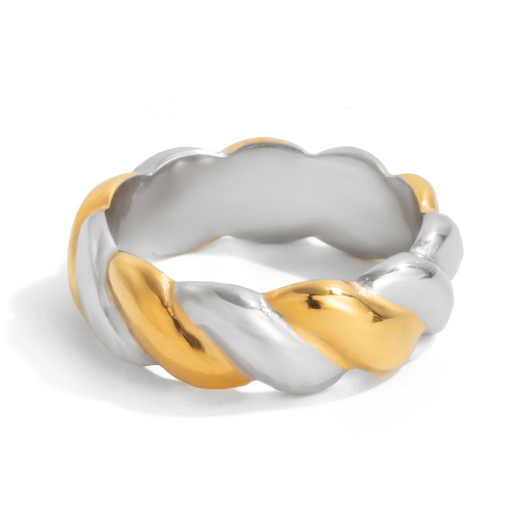 Yori Gold Silver Color Blocked Threaded Twist Texture Casting Ring for Women 18K PVD Plated Hypoallergenic Jewelry Gift