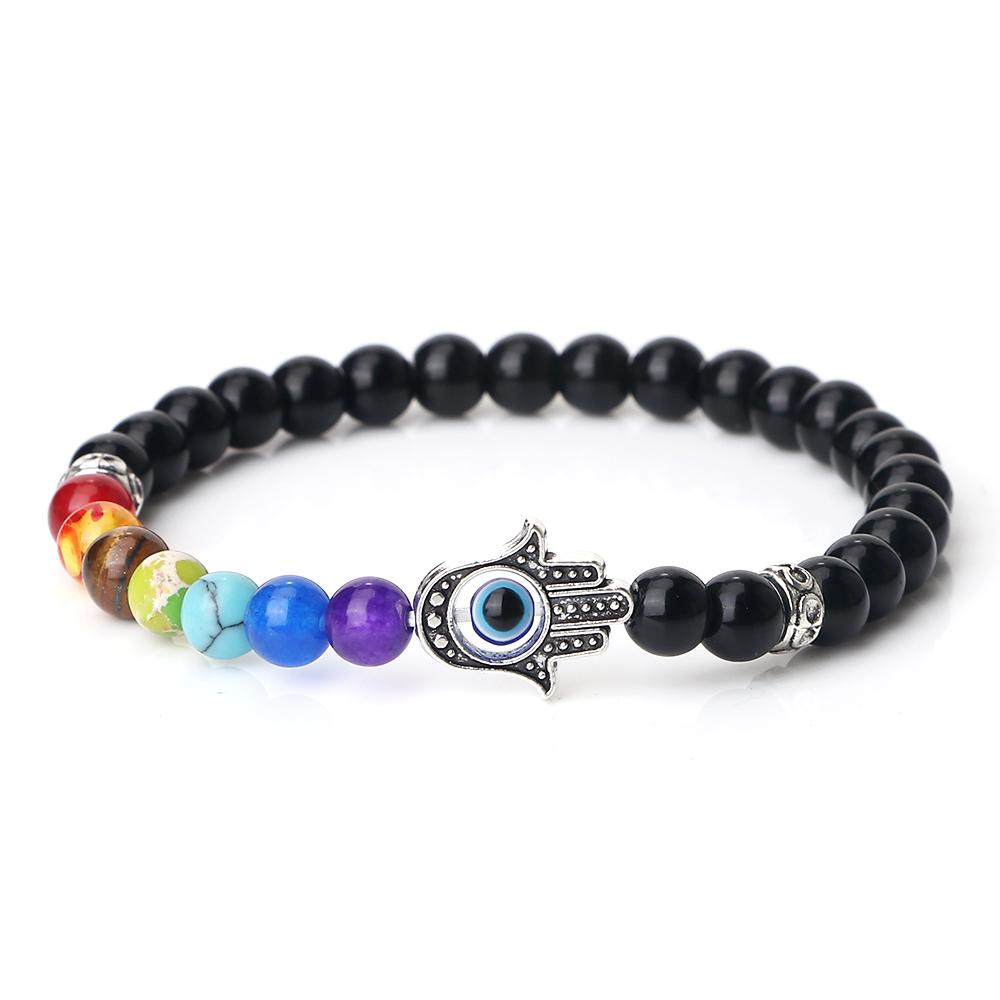 6mm 7 Chakra Beads Bracelets Lucky Evil Eye Hand Of Fatima Women Men Natural Lava Stone Agates Bracelet & Bangle Prayer Jewelry