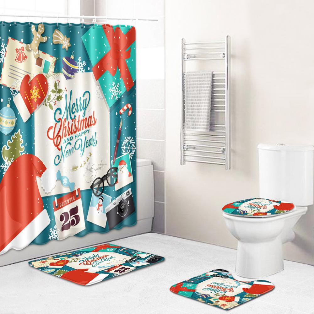 Christmas Waterproof Shower Curtain Four-Piece Combination Floor Mat Entrance Door Mat Bedroom Living Room Carpet