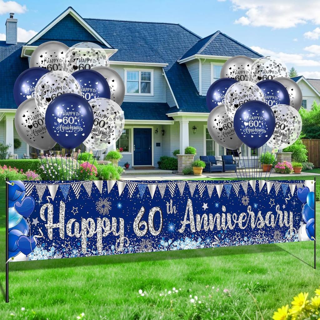 Blue Silver 60th Wedding Anniversary Decorations for Men Women Blue Silver Happy 60th Anniversary Banner and 18Pcs Balloons for 60 Years Wedding