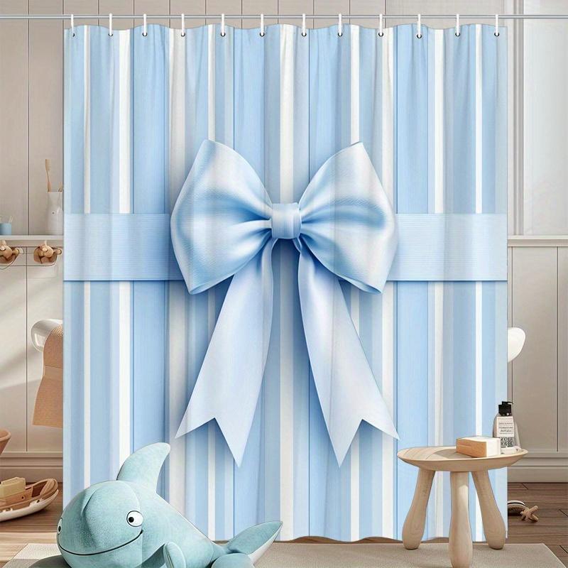 Elegant Blue Satin Bow Shower Curtain - Light Blue & White Striped Design, Calming Pastel Style, Machine Washable Polyester
