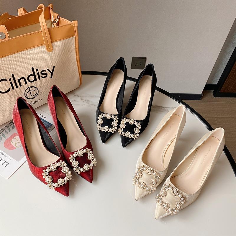 7-High heels new pointed tip stiletto high heels wedding shoes women's rhinestone square buckle Xiuhe shoes crystal