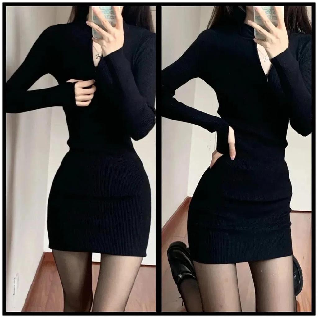 Black Tight Long Sleeve Zipper Dress - Sexy Slim Fit for Autumn and Winter