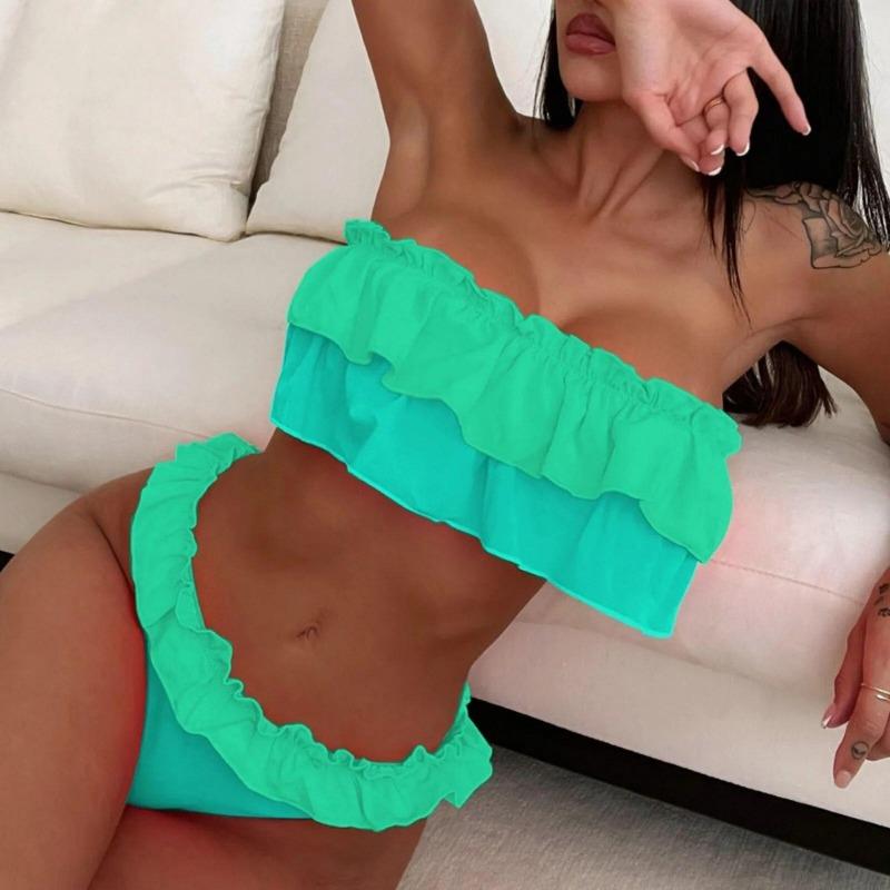 Sexy sada bikin bez ramínek Dámská móda Plavky s blokováním barev Volánky s vysokým pasem Plážové prázdninové plavky Plavky