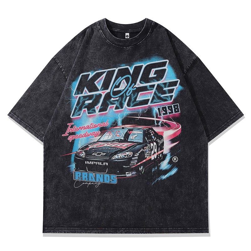 51 Hip Hop Wild Racing American Street Vibe Pure Cotton T-shirt Boys Ins Worn Looking Washed-out 250G Heavy Weight Short Sleeve