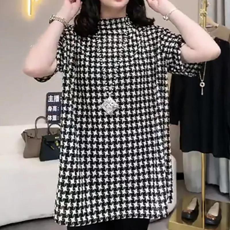 

Summer New Women s Fashion Houndstooth Stand Collar Short-sleeved T-shirt Design Is Loose Versatile Ins Trend OneSize бежевий