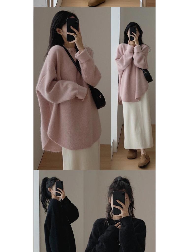 Women's Mid-Length Retro Split Knit Raccoon Velvet Sweater - Autumn/Winter