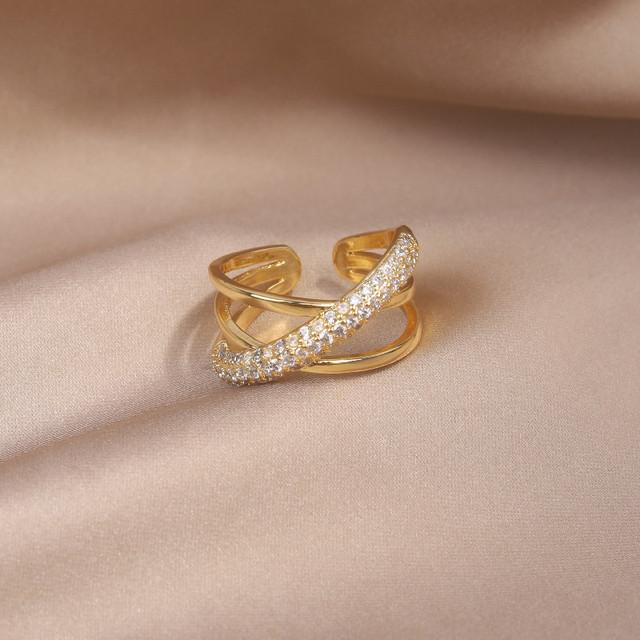 

Корейский дизайн модные ювелирные изделия 14K настоящее золото гальваническое циркониевое геометрическое кольцо элегантное женское повседневное рабочее открытое кольцо Resizable белый