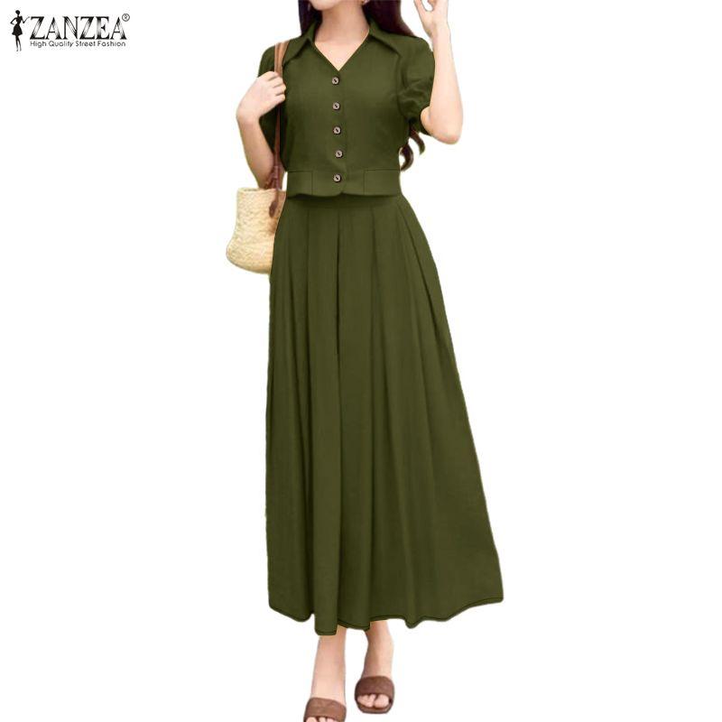 ZANZEA Blusa a Maniche Corte da Donna e Gonne Lunghe Estive Set Completi Due Pezzi
