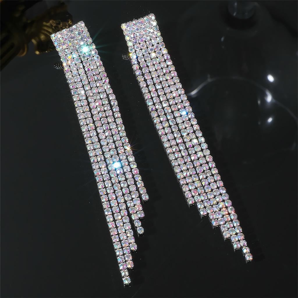 Temperament Luxury Super Flash Rhinestone Long Fringed Earrings
