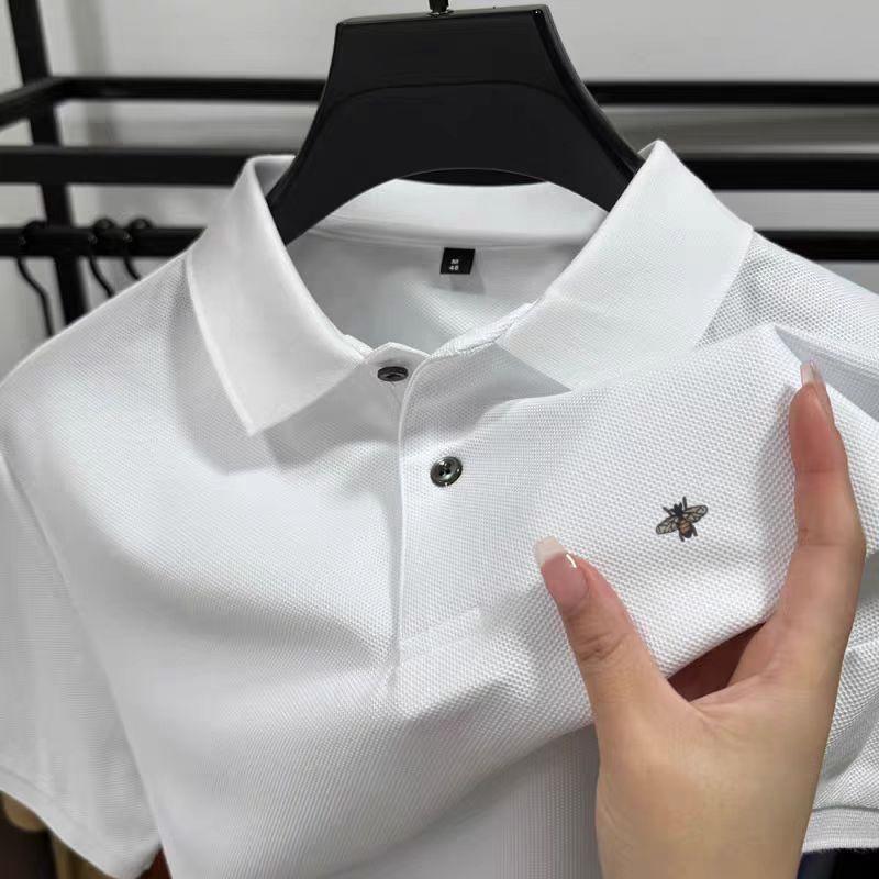 Wovey Katoenen Designer Origineel Heren Poloshirt Kraag Korte Mouw T-shirt Zomer Verfijnde Bijenprint Zakelijke Casual Herenkleding XXL wit