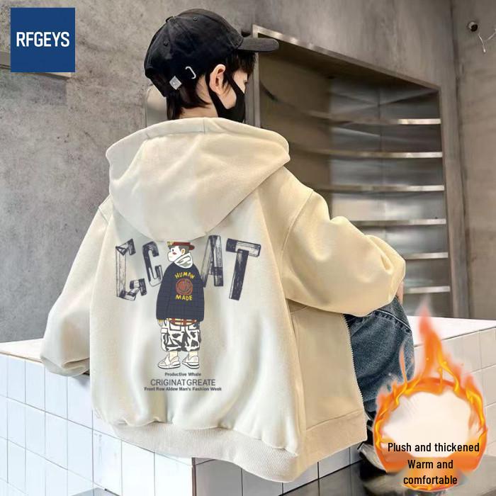 Gray Hooded Zip-Up Sweatshirt Cardigan for Kids - Korean Preppy Style Boys' Lazy Outerwear