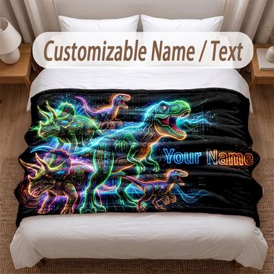 Dinosaur Theme Soft Blanket Personalized Custom Name Text Print Warm Blanket Home Sofa Bedroom Decor