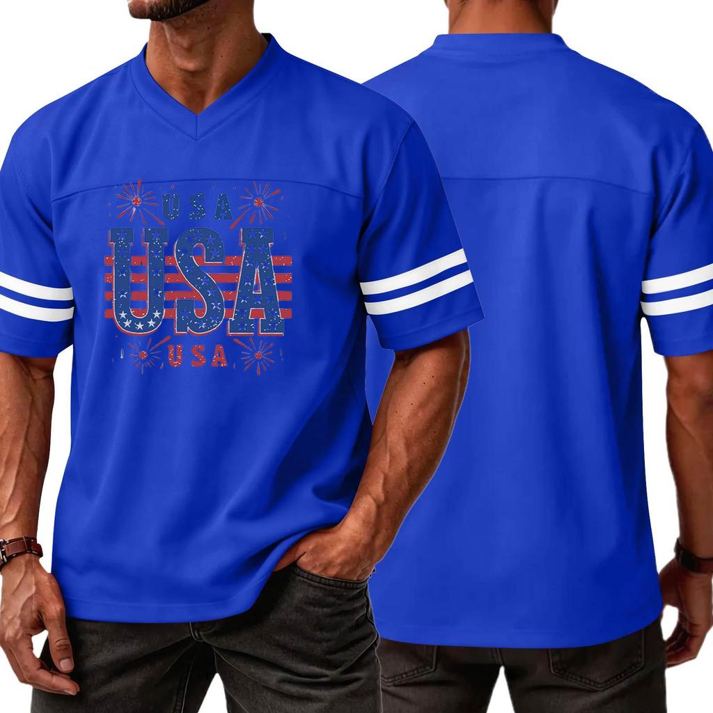 Men V Neck Casual Short Sleeve Sports T Shirt with USA Print Athletic Fit Comfortable Lightweight Top for Daily Wear