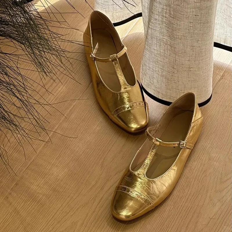 

Модная женская обувь 2024 года, новые женские туфли на плоской подошве с квадратным носком, осенние, с мелкой пряжкой, твердая подошва Solft, повседневные, удобные, офисные женские туфли 40 золотой