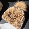 Retro Leopard Print Real Rabbit Hair Hat Women's Autumn and Winter Korean Version Warm Windproof Ear Protection Hat Hairball Knitted Hat Headgear