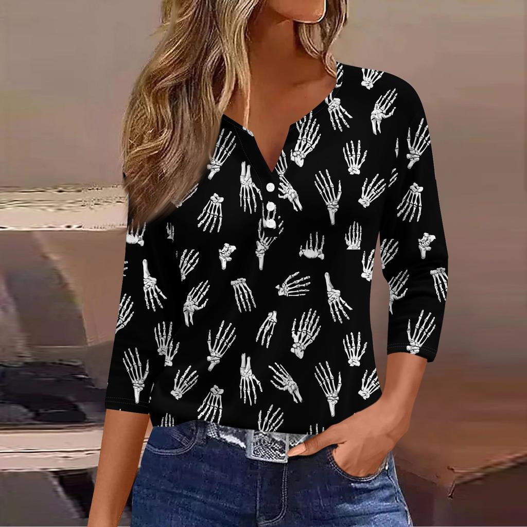 3/4 Ärmel Damen Tops Halloween Print Vintage Mode Lässig Locker Mit V-Ausschnitt Übergröße Shirts